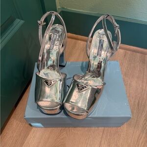 Prada Womens Metallic Leather Platform Heels Silver 41